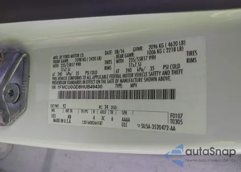 2017 Ford Escape Se z USA, uszkodzony, nr VIN 1FMCU0GD8HUB49430